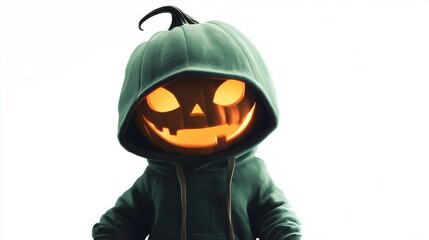 Hooded jack-o'-lantern figure with glowing face on white background