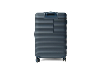 Back view of a blue hard-shell suitcase on a transparent background in PNG format. It has horizontal stripes and four wheels.