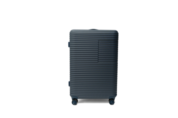 A blue hard-shell suitcase with horizontal stripes on a transparent background in PNG format. It stands upright with four wheels visible.