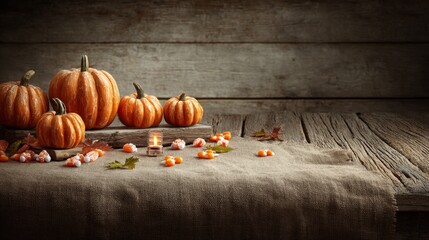 Rustic autumn scene with pumpkins and candy corn on wooden table
