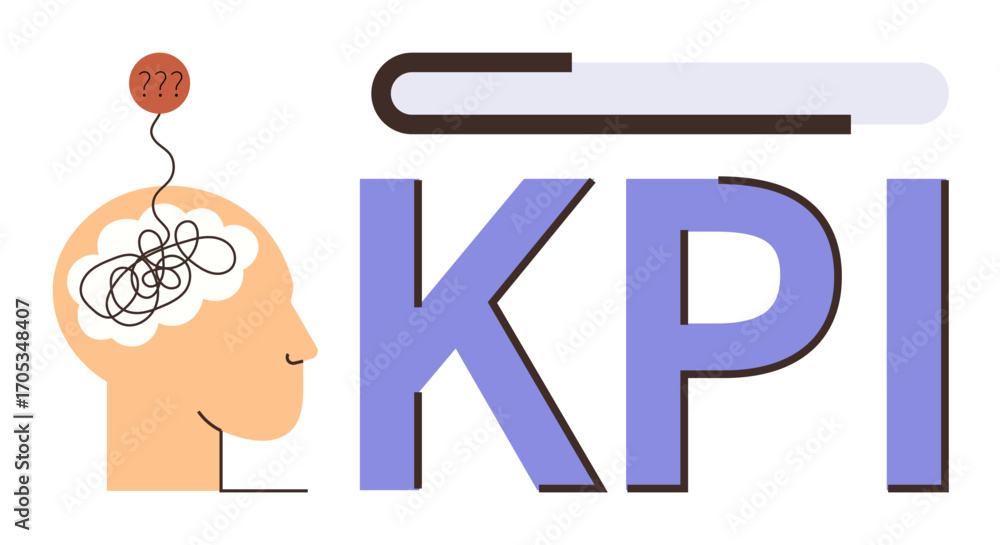 Poster human head with tangled thoughts and question marks beside bold kpi letters with loading bar. ideal 