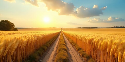 Fototapeta premium Golden wheat field panorama, sunlit country road , crop, country lane