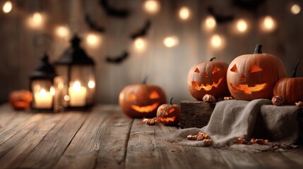 Halloween night with carved pumpkins and glowing lanterns on wooden table
