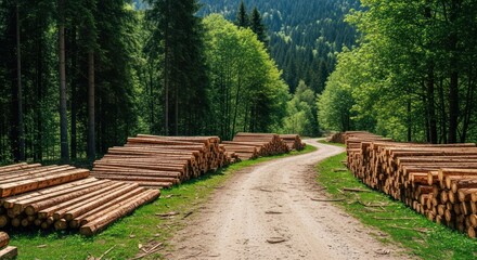 Forest path winding through stacked logs
