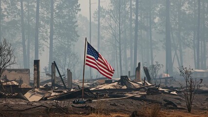 American flag stands tall amidst the ruins of a house fire - Powered by Adobe