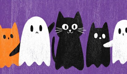 Playful cartoon ghosts and cats on a vibrant purple background