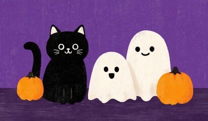 Obraz premium Cute halloween scene with black cat, ghosts, and pumpkins on purple background