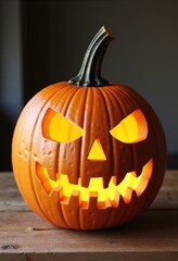 Fototapeta premium Scary halloween pumpkin placed on wooden table