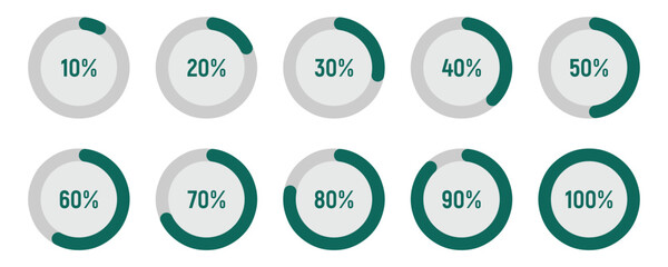 Circle loading or circle progress icon symbol collection. Set of progress bar from 0 to 100 percent for business project presentation or web user interface.