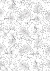 Delicate line drawing of Hibiscus and Plumeria in a floral pattern