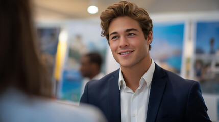 A young professional markets products at a trade show with booths bustling flyers handed out and clients networking captured in a vibrant photo with banner colors paper gloss