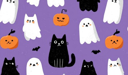 Halloween pattern: black cats, ghosts, and pumpkins on purple background