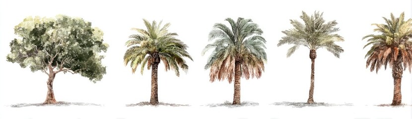 Four stylized trees, possibly olive and palm, in watercolor or ink style