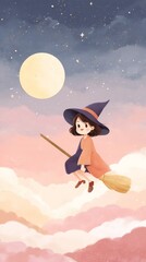 Young witch flying on broomstick under moonlit sky with clouds