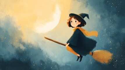 Young witch girl flying on broomstick under night sky with moon