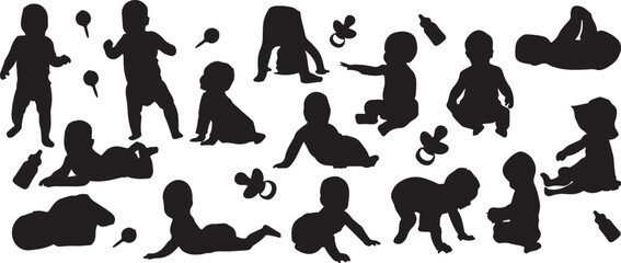 child silhouette vector, kids sitting outline, baby playing shadow, toddler silhouette design, cartoon child figure, infant shadow artwork, group kids silhouette, baby icon doodle, cute child shadow, 
