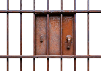 Old prison rusted metal bars cell lock with dark and bright in the jail isolated on transparent or white background