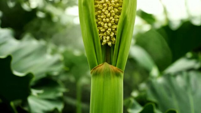 Time-lapse of a green plant spathe unfurling to reveal the intricate spadix flower structure within showcasing the beauty of botanical growth and reproduction.