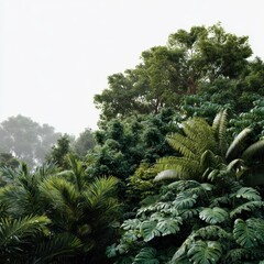 A tropical rainforest canopy full of dense green leaves isoleted on white background.
