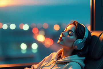 Young woman with headphones enjoys peaceful music during train journey, gazing serenely at dreamy city bokeh lights through window. Cinematic portrait, tranquil moment of urban travel escape.
