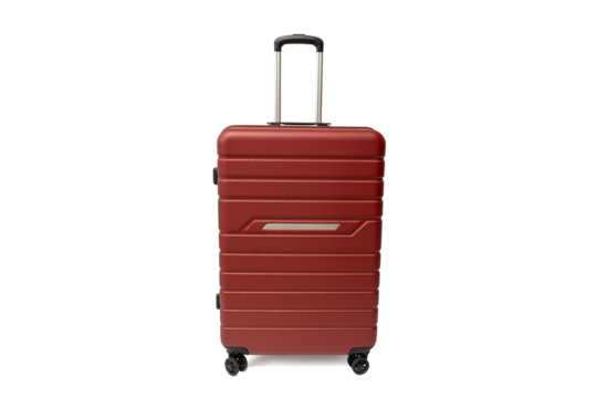 Red hard-shell suitcase with extended telescopic handle on a transparent background in PNG format. Upright modern travel luggage.