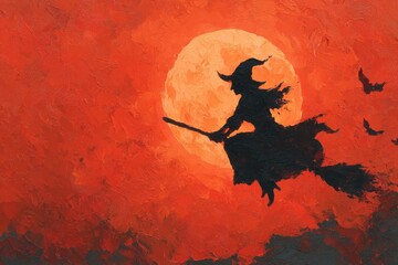 Silhouette of witch on broomstick against full moon in orange sky