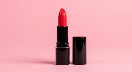 Red lipstick tube with cap on a pink background for beauty and cosmetic concept