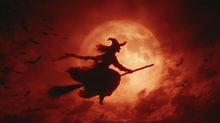 Fototapeta premium Silhouette of witch flying on broomstick against giant red moon with bats