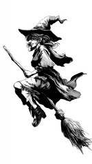 Black and white illustration of witch flying on broomstick