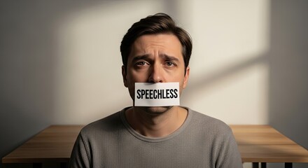 Man with Speechless Tape Over Mouth.