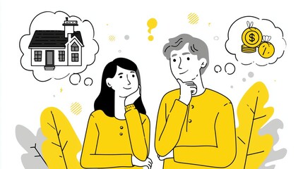 Couple thinking about house and money flat illustration