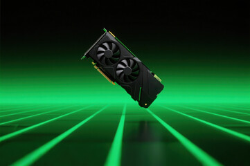 Black Modern GPU with Dual Fans Suspended on Green Gradient Background - Futuristic Tech Visualization of High-End Hardware