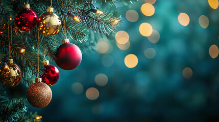 Red and golden Christmas balls hang on tree branches against green background with golden bokeh and copy space — festive composition for Christmas banners and cards