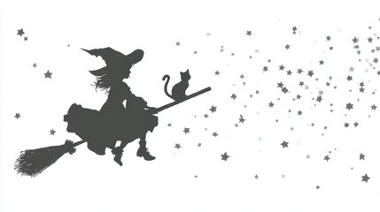 Silhouette of female witch and cat flying on broomstick through starry night