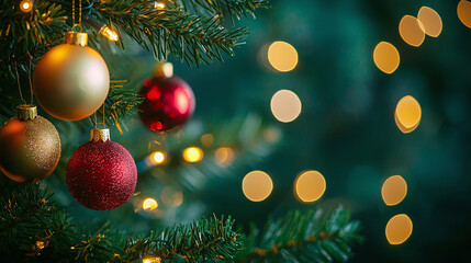 Red and golden balls on branches of decorated Christmas tree on green background with golden bokeh and copy space — festive Christmas banner for advertising and design