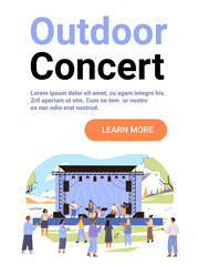 Outdoor concert festival live music stage audience people band performing park event scenic landscape modern website banner