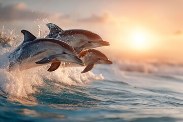 Dolphins jump over the wave