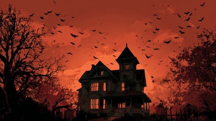 Eerie gothic house surrounded by bats at dusk in haunted forest