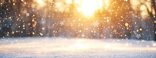 Snow-covered meadow with spruce forest and falling snowflakes against blue sunny sky — winter landscape for holiday banners and cards with copy space