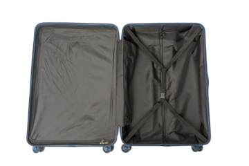 Close-up of the open blue suitcase interior with straps and compartments on a transparent background in PNG format. Functional and modern design.