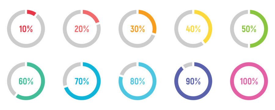 Set of circular sector arc percentage diagrams meters progress bar from 0 to 100. User Interface UI UX or Infographic. Loading indicator colorful progress on white background. Vector illustration