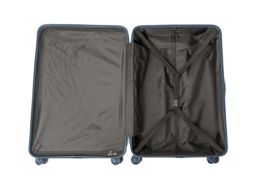 Close-up of the open blue suitcase interior with straps and compartments on a transparent background in PNG format. Functional and modern design.