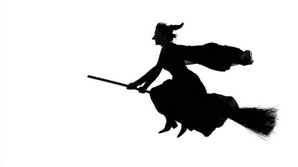 Silhouette of female witch flying on broomstick against white background