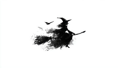 Witch silhouette flying on broom with crow in black ink art style