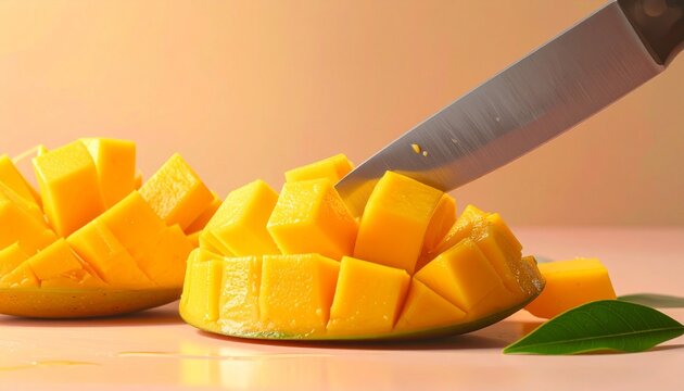 Close-up of hand cutting ripe mango into cubes with knife on solid yellow background - Powered by Adobe