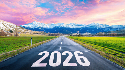 2026 written on the highway going through the fields against the background of beautiful snow-capped mountains and a stunning sky - the concept of traveling to the new year and new achievements