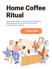 Home coffee ritual morning kitchen routine cozy man pouring drink surrounded by houseplants mugs books framed art pastel colors modern interior