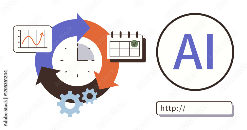 Poster clock encompassed by arrows, gears, chart, calendar, ai text, and browser bar signifying efficiency,