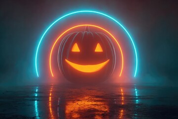 Naklejka premium surreal portal shaped like jack-o’-lantern face, glowing neon lights, sci-fi Halloween design