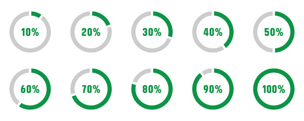 Set of circular sector arc percentage diagrams meters progress bar from 0 to 100. User Interface UI UX or Infographic. Loading indicator colorful progress on white background. Vector illustration